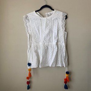 Zara Romantic White Shirt with Side Pom Poms